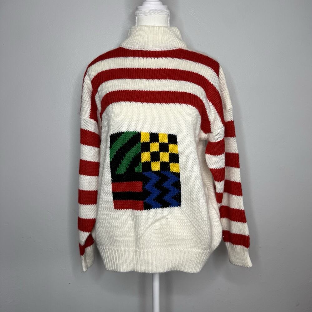 Vintage One Step Up Red White Geometric Colorblock Knit Sweater Women’s Large